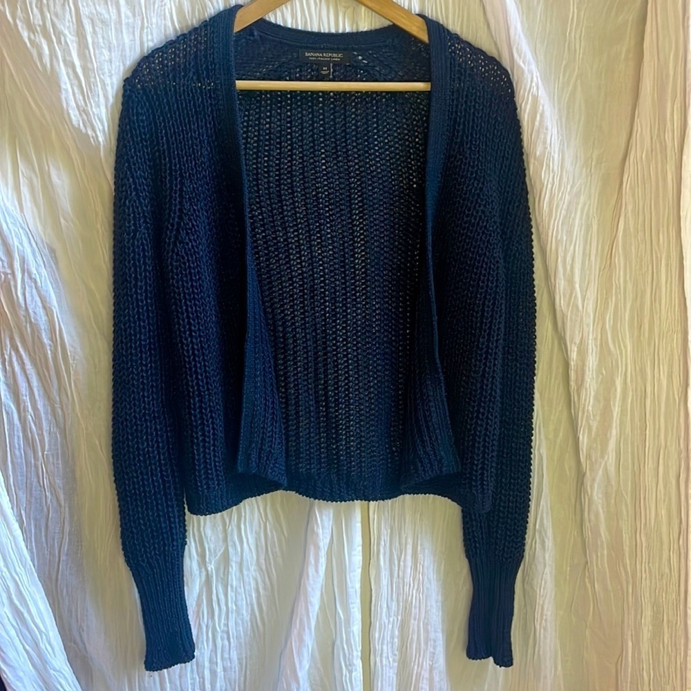 Banana Republic Italian Linen Navy Blue Knit Cardigan Sweater